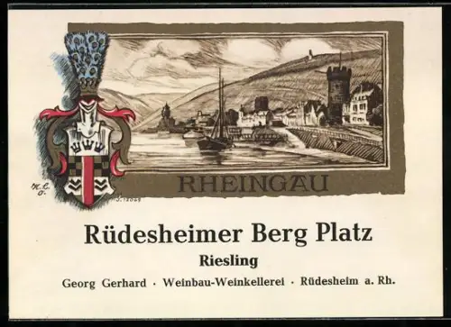Getränkeetikett Georg Gerhard, Weinbau-Weinkellerei, Rüdesheim a. Rh., Rüdesheimer Berg Platz, Riesling