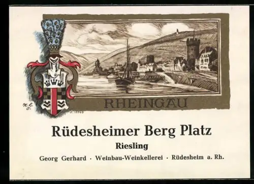 Getränkeetikett Georg Gerhard, Weinbau-Weinkellerei, Rüdesheim a. Rh., Rüdesheimer Berg Platz, Riesling, Wappen