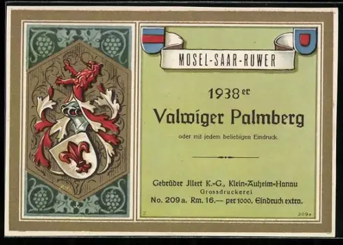 Getränkeetikett 1938er Valwiger Palmberg, Mosel-Saar-Ruwer, Wappen mit Lilie