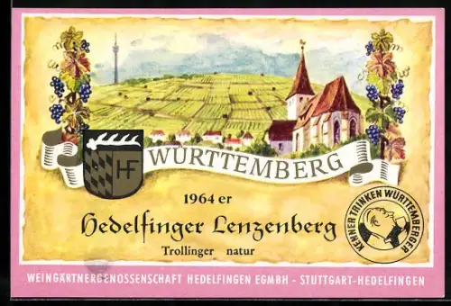 Getränkeetikett Weingärtnergenossenschaft Hedelfingen EGmbh, Stuttgart-Hedelfingen, 1964er Hedelfinger Lenzenberg