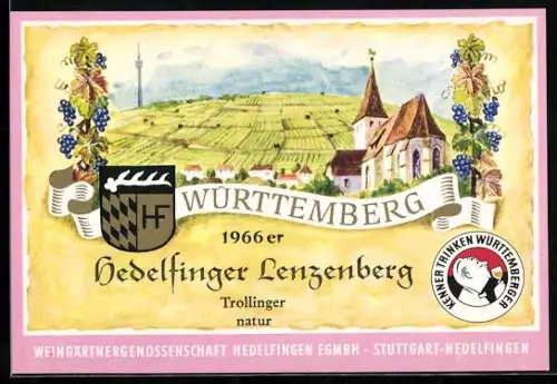 Getränkeetikett Weingärtnergenossenschaft Hedelfingen EGmbh, Stuttgart-Hedelfingen, 1966er Hedelfinger Lenzenberg