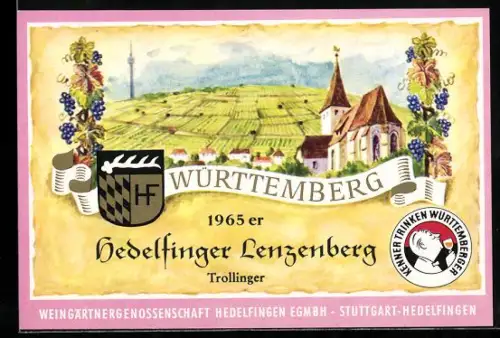 Getränkeetikett Weingärtnergenossenschaft Hedelfingen EGmbh, Stuttgart-Hedelfingen, 1965er Hedelfinger Lenzenberg