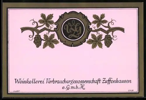 Getränkeetikett Weinkellerei Verbrauchergenossenschaft Zuffenhausen e.GmbH, Weintrauben und Weinblätter