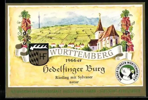 Getränkeetikett Weingärtnergenossenschaft Hedelfingen EGmbh, Stuttgart-Hedelfingen, 1966er Hedelfinger Burg