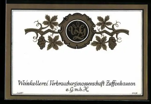 Getränkeetikett Weinkellerei Verbrauchergenossenschaft Zuffenhausen e.GmbH, Weintrauben und Weinblätter