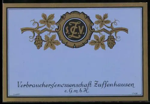 Getränkeetikett Weinkellerei Verbrauchergenossenschaft Zuffenhausen e.GmbH, Weintrauben und Weinblätter