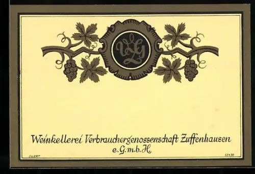 Getränkeetikett Weinkellerei Verbrauchergenossenschaft Zuffenhausen e.GmbH, Weintrauben und Weinblätter