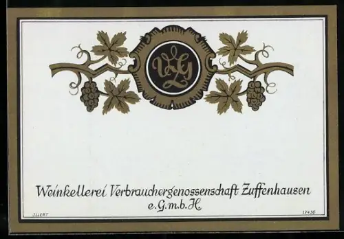 Getränkeetikett Weinkellerei Verbrauchergenossenschaft Zuffenhausen e.GmbH, Weintrauben und Weinblätter