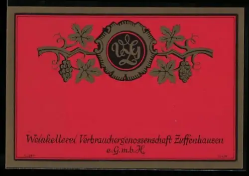 Getränkeetikett Weinkellerei Verbrauchergenossenschaft Zuffenhausen e.GmbH, Weintrauben und Weinblätter
