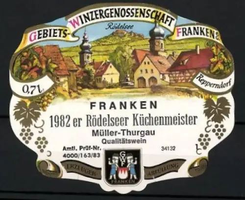 Getränkeetikett Gebiets-Winzergenossenschaft Franken, Iphofen, 1982er Rödelseer Küchenmeister Müller-Thurgau