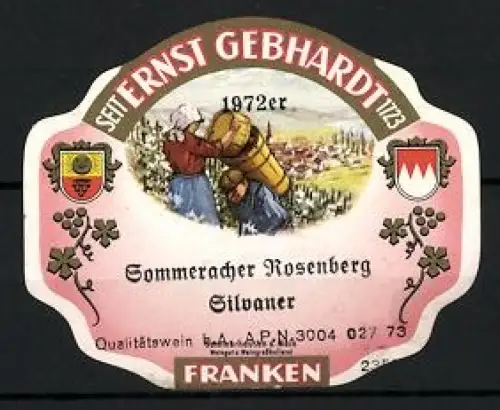 Getränkeetikett Ernst Gebhardt, Franken, Sommeracher Rosenberg, Silvaner