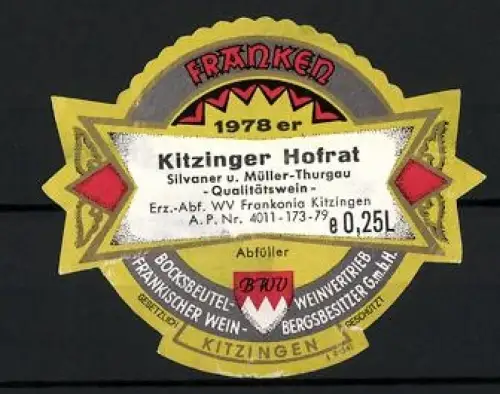 Getränkeetikett Bocksbeutel Weinvertrieb Fränkischer Wein-Bergbesitzer GmbH, 1978er Kitzinger Hofrat