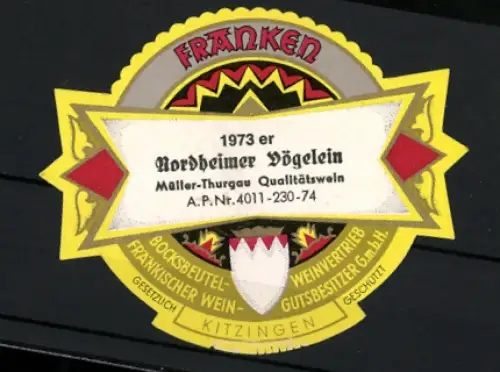 Getränkeetikett Bocksbeutel Weinvertrieb Fränkischer Wein-Bergbesitzer GmbH, 1973er Nordheimer Vögelein, Müller-Thurgau