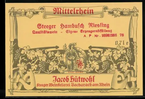Getränkeetikett Jacob Hütwohl, Steeger Weinkellerei, Bacharach am Rhein, Steeger Hambusch Riesling