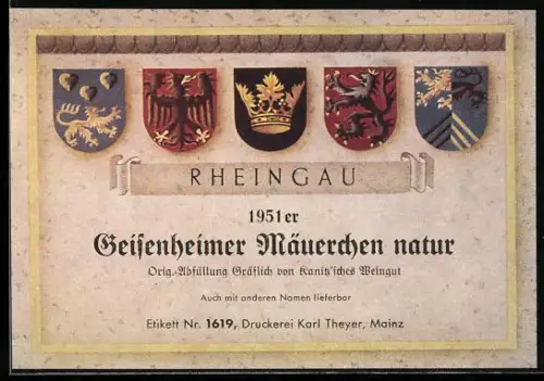 Getränkeetikett Gräflich von Kanitz`sches Weingut, 1951er Geisenheimer Mäuerchen natur