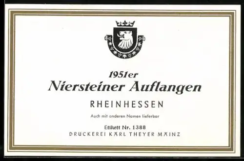 Getränkeetikett 1951er Niersteiner Auflangen, Rheinhessen