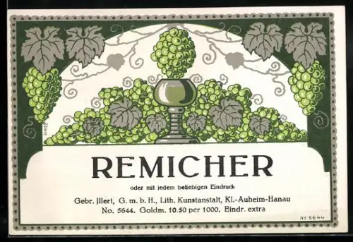 Getränkeetikett Remicher, Weinglas, Weintrauben und Weinblätter
