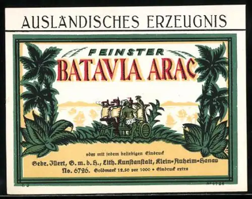 Getränkeetikett Feinster Batavia Arac, Ausländisches Erzeugnis, Palmen und Fass mit Arrak