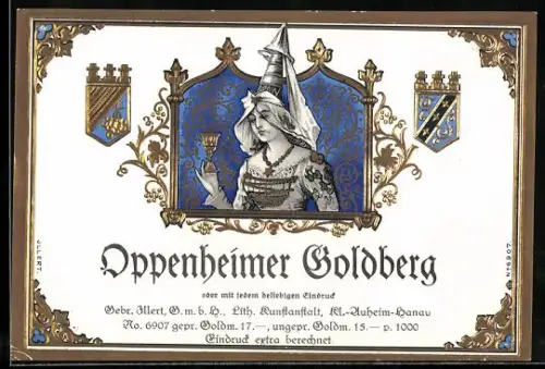 Getränkeetikett Oppenheimer Goldberg, Adelige Dame mit Weinglas, Wappen
