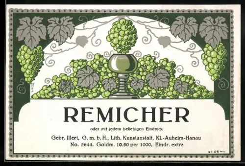 Getränkeetikett Remicher, Weinglas, Weintrauben und Weinblätter
