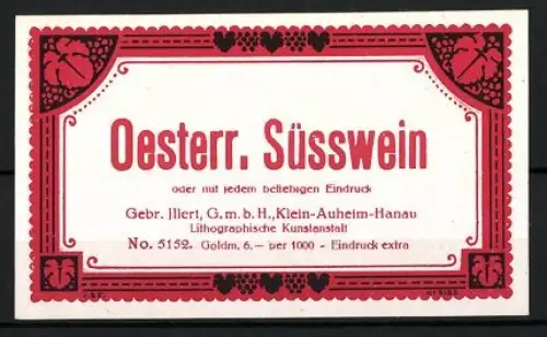 Getränkeetikett Österreichischer Süsswein, Weintrauben und Weinblätter