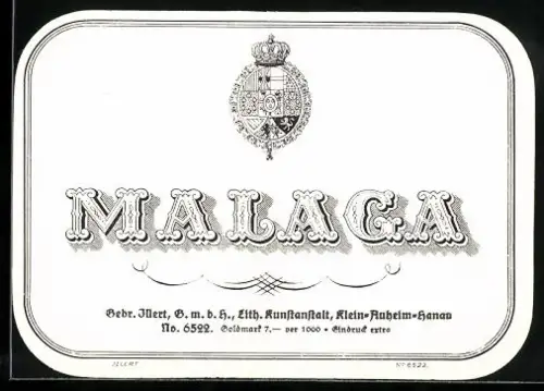 Getränkeetikett Gebr. Illert GmbH, Malaga, Wappen mit Krone