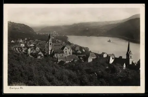 AK Camp a. Rh., Ortsansicht mit Kirche und Rhein