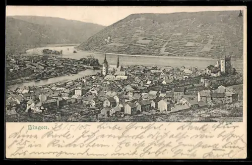 AK Bingen, Stadtansicht mit Kirche und Burg am Rhein