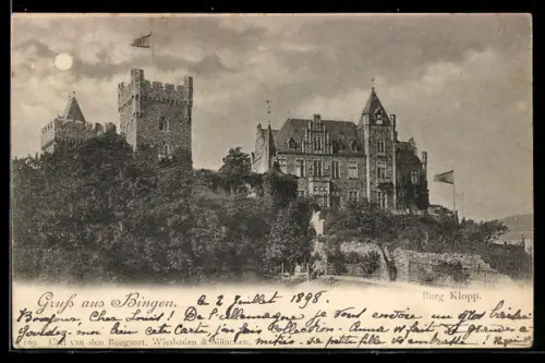 Mondschein-AK Bingen, Burg Klopp