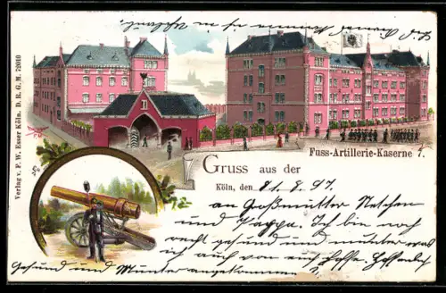 Lithographie Köln, Fuss-Artillerie-Kaserne 7, Neuer Wall, Soldat mit Kanone