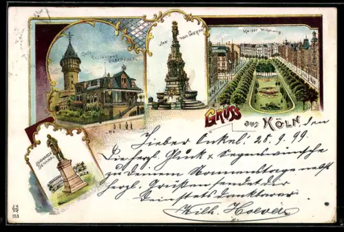 Lithographie Köln, Cafe-Restaurant Ulrepforte, Bismarck-Denkmal, Kaiser Wilhelmring