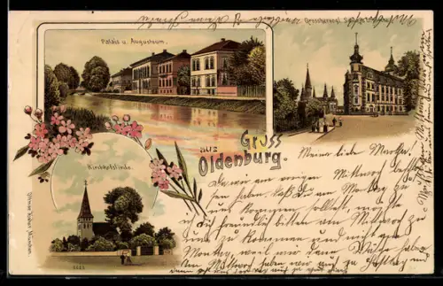 Lithographie Oldenburg, Palais und Augusteum, Kirchhofslinde, Strassenpartie