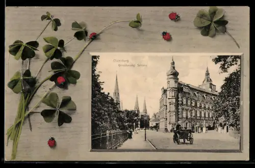 AK Oldenburg, Grossherzogliches Schloss, Marienkäfer auf Kleeblättern, Passepartout