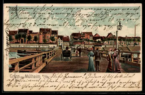 Lithographie Mülheim a. Rh., Teilansicht mit Brücke
