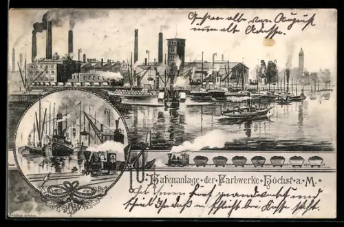 Künstler-AK Höchst a. M., Hafenanlage der Farbwerke, Eisenbahn