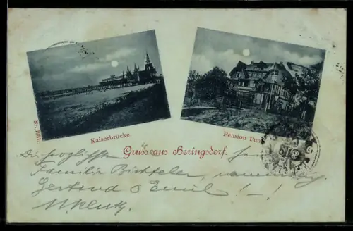 Mondschein-AK Heringsdorf, Hotel-Pension, Kaiserbrücke