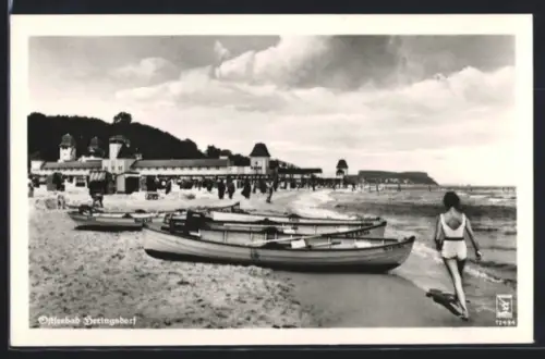 AK Heringsdorf, Strand, Badegäste, Ruderboote, Seebrücke