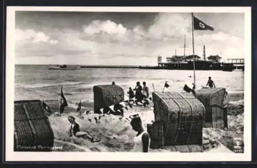 AK Heringsdorf, Ostseestrand, Seebrücke, flagge