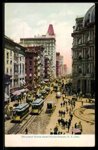 AK New York City, NY, Broadway North from Fulton Street, Strassenbahn