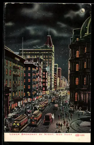 AK New York, Tram on Lower Broadway by Night