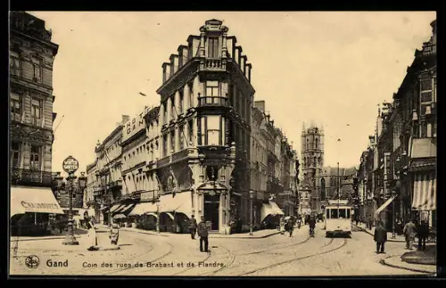 AK Gand, Coin des rues de Brabant et de Flandre, Strassenbahn