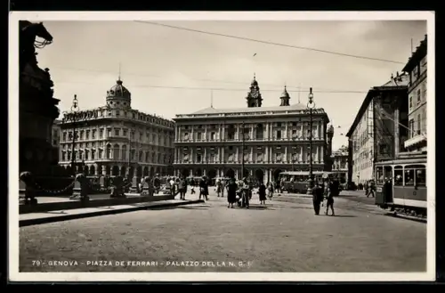 AK Genova, Piazza De Ferrari, Palazzo della N. G. I., Strassenbahn