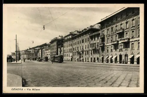 AK Genova, Via Milano, Strassenbahn