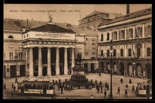 AK Genova, Monumento a Giuseppe Garibaldi e Teatro Carlo Felice, Strassenbahn