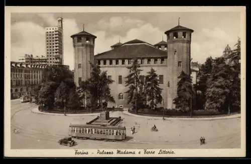 AK Torino, Palazzo Madama e Torre Littoria, Strassenbahn