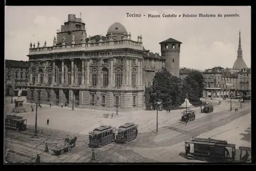 AK Torino, Piazza Castello e Palazzo Madama da ponente, Strassenbahn