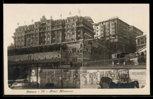 AK Genova, Hotel Miramare mit Strassenbahn