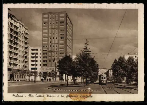 AK Milano, Via Vittor Pisani e la Stazione Centrale, Strassenbahn