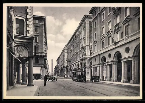 AK Bologna, Via Ugo Bassi, Strassenbahn