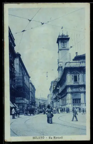 AK Milano, Via Mercanti, Strassenbahn